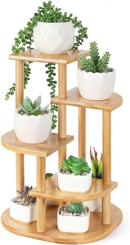 Miniatura 6 de Jotsport Soporte de bambú de 5 niveles para plantas, estante pequeño para alféizar de ventana, mini suculentas, soporte de exhibición para sala