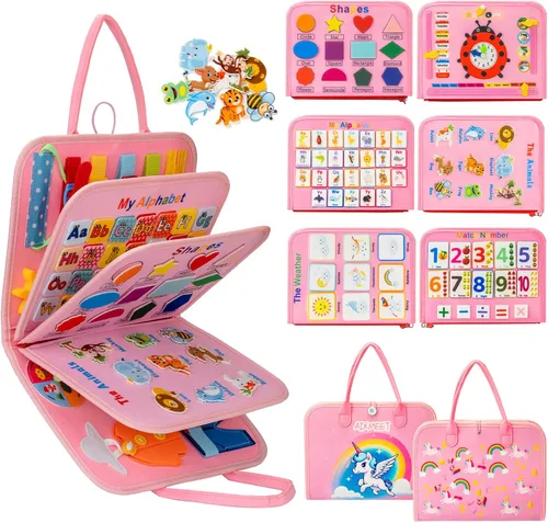 AIXMEET Tabla Ocupada para Niños Pequeños, Juguetes Montessori, Tabla Sensorial, Libro Ocupado, Juguetes para Niños Pequeños de 3456 Años, Rosa