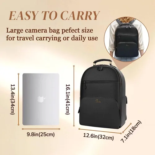 Miniatura 3 de Mochila Clásica para Cámara de Cuero PU para DSLR, Bolsa de Cámara Profesional para Fotógrafos con Compartimento para Laptop de 15 Pulgadas Grande