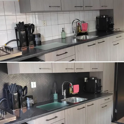Miniatura 5 de Azulejos para Salpicadero de Cocina de 6 Hojas Despegar y Pegar, Panel Compuesto de Aluminio con Patrón Espiga Negro, Azulejos Adhesivos para Pared