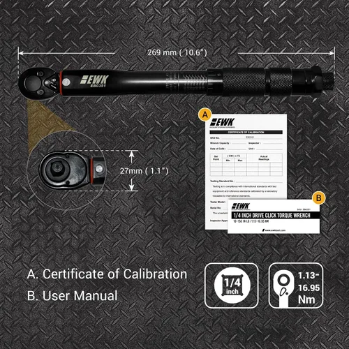 Miniatura 2 de EWK Llave dinamométrica de clic de 1/4 de pulgada 10-150 in lb 1.13-16.95 Nm, cabezal reversible de doble escala para piezas de carbono