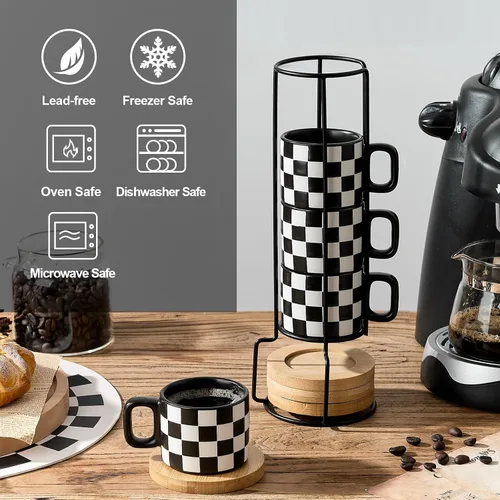 Miniatura 4 de LUKA Tazas de Porcelana Apilables a Cuadros Blancos y Negros para Espresso con Platillos y Soporte de Metal, Juego de Tazas Pequeñas de Cerámica
