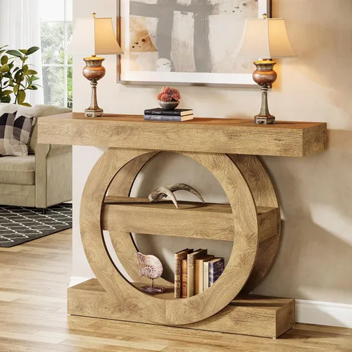 Miniatura 4 de Tribesigns Mesa de entrada de 41 pulgadas con almacenamiento, mesa consola de granja de 3 niveles con estantes, mesas de vestíbulo de madera