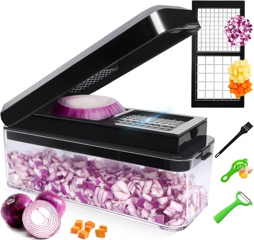 Picador de verduras, picador de cebolla, cortador de mandolina, picador de alimentos con recipiente, cortador de verduras para ensalada, papa, Negro