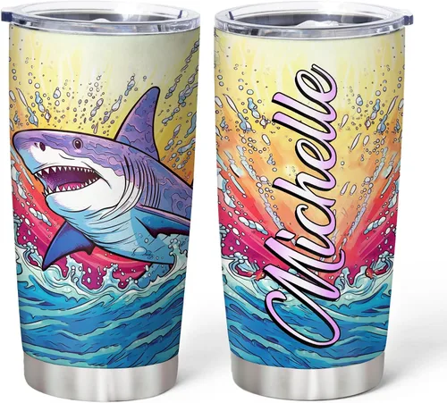 Hyturtle Regalos Personalizados Amante de Tiburones - Vaso Térmico de Acero Inoxidable con Nombre Personalizado e Impresión de Tiburón 20 oz Con