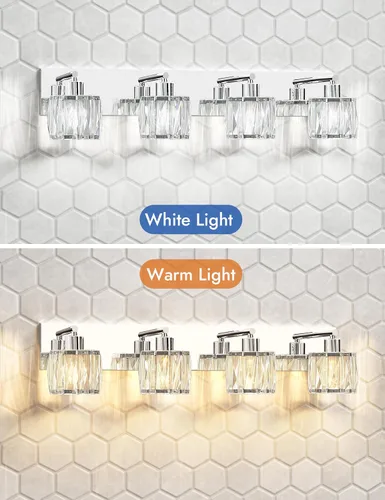 Miniatura 4 de VOLISUN Luces de tocador de cristal – 4 luces modernas de acero inoxidable para baño sobre espejo, acabado cromado – Certificado UL