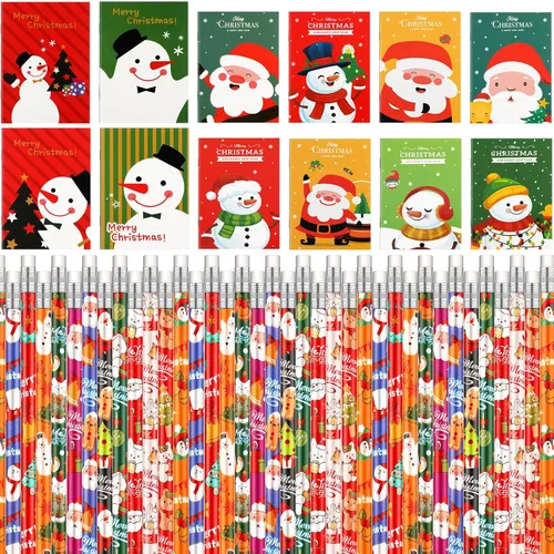 Yexiya 72 piezas de set de papelería de Navidad para niños, mini cuadernos de Navidad y lápices a granel, pequeños blocs de notas de bolsillo,