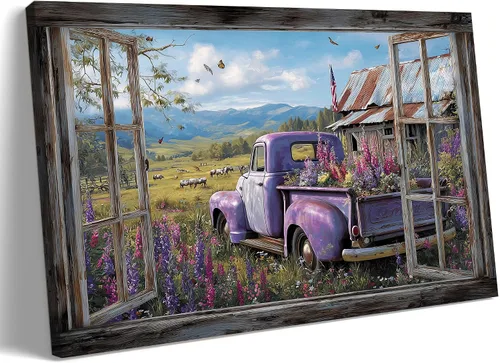 Miniatura 15 de Decoración rústica de granja en lienzo con ventana abierta, impresiones artísticas para pared, pintura de camión viejo, lienzo de granero y bandera