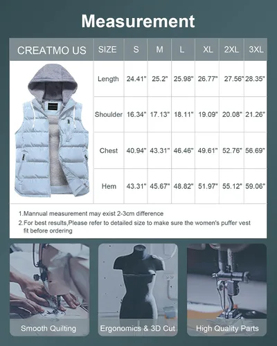 Miniatura 42 de CREATMO US Chaleco cálido para mujer, chaleco grueso acolchado sin mangas con capucha desmontable