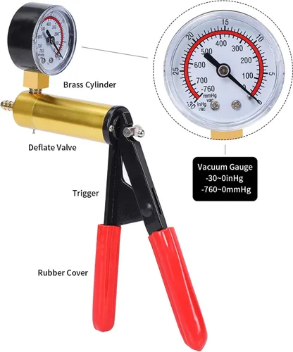 Kit de purga de frenos 2 en 1 con bomba de vacío manual con adaptadores de manómetro, juego de purga de líquido de frenos automotriz con funda Rojo1