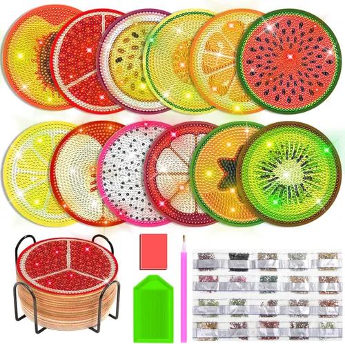Billbotk Kit de 12 posavasos de pintura de diamantes con soporte, posavasos de arte de diamante, proyectos de manualidades de diamantes, kits de