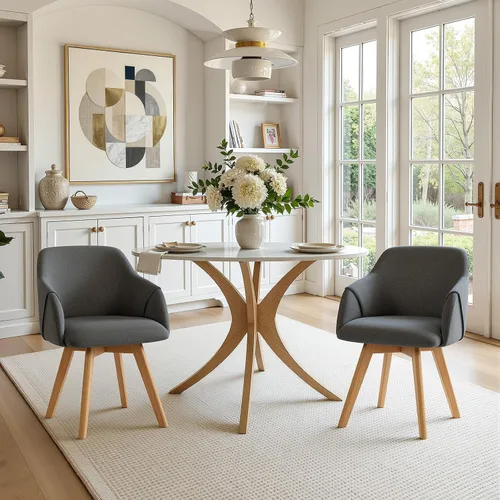 Miniatura 17 de Juego de 2 sillas de comedor giratorias, modernas de mediados de siglo con brazos y patas de madera, sillas de cocina tapizadas de tela de lino