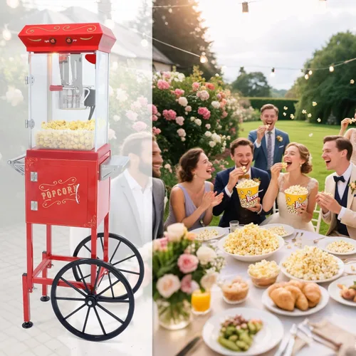 Miniatura 3 de Máquina de palomitas de maíz de estilo vintage de 8 onzas – Máquina de aperitivos con hervidor de acero inoxidable, carrito retro vintage y ruedas