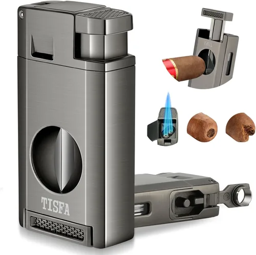 TISFA Encendedor de antorcha con cortador de puros V, perforador, encendedor de butano recargable con llama de doble chorro, accesorios