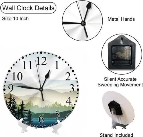 Miniatura 3 de Reloj de pared de paisaje natural, montaña y lago Natures Hills, árbol en ríos, reloj silencioso de 10 pulgadas sin tictac, funciona