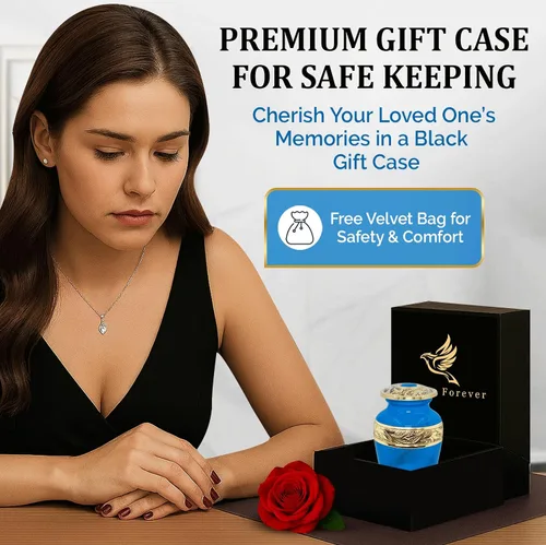 Miniatura 4 de Urnas pequeñas para recuerdo de cenizas humanas, urna conmemorativa azul hecha a mano con acento de latón, mini urna de recuerdo para hombres