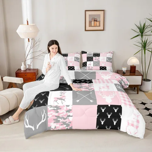Miniatura 128 de Juego de edredón de cuernos de ciervo tamaño individual, juego de ropa de cama rústica de granja con huellas de oso y pinos para decoración