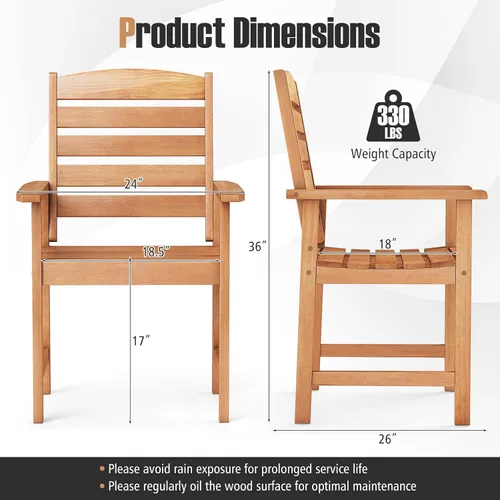 Miniatura 3 de Tangkula Juego de 2 sillas de comedor de madera para patio, sillas de comedor de madera para exteriores con respaldo alto y asiento de listones