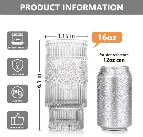 Miniatura 2 de SoulTimes Juego de 4 vasos grandes acanalados de 16 onzas, diseño floral, apilables, vasos de vidrio con textura vintage, juego de vasos para beber
