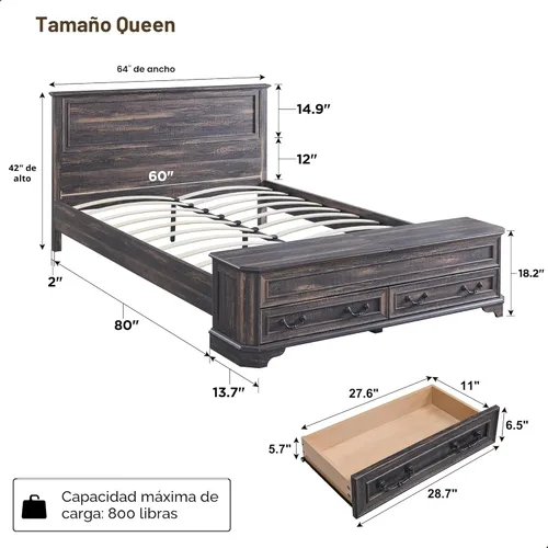 Miniatura 2 de T4TREAM Cama Queen de granja con cabecera y banco de almacenamiento, cama de plataforma de madera rústica con baúl de almacenamiento de 64 pulgadas