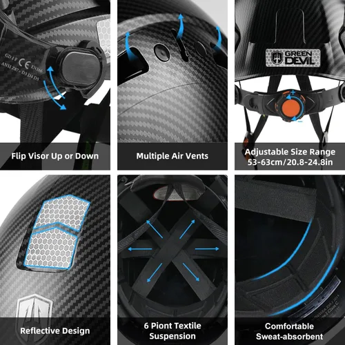 Miniatura 6 de Casco de seguridad con visera GREEN DEVIL con orejeras Bluetooth y faro 5 en 1 Protección completa Cascos de Construcción con ventilación Hardhat
