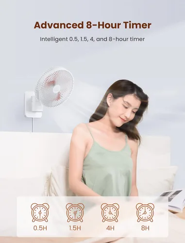 Miniatura 3 de Ventilador oscilante silencioso de pared de 8.5 pulgadas con control remoto y temporizador, 4 velocidades ajustables para baños pequeños, Marco