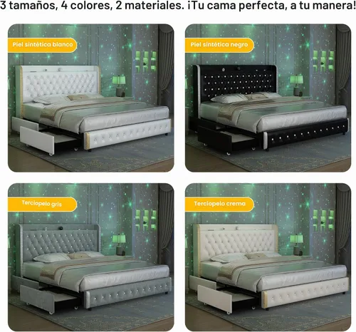 Miniatura 7 de GEGOFORU Base de cama Queen con luces LED y proyector de galaxia, moderna plataforma con respaldo alado con 4 cajones de almacenamiento, puertos