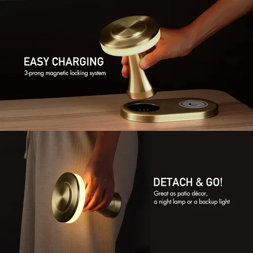 Miniatura 3 de O'Bright - Lámpara de mesa LED portátil con almohadilla de carga inalámbrica, lámpara de noche regulable y recargable, luz ambiental para Oro