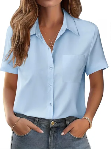 Miniatura 10 de Zeagoo Blusa de manga corta con botones para mujer, con bolsillo en el busto, para negocios, casual, para el trabajo, trajes de verano
