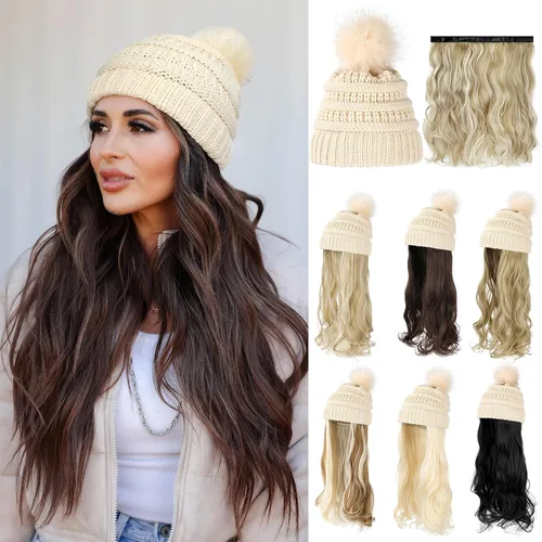 Miniatura 8 de Gorro Peluca Gorro de Lana con Cabello Extensiones Largas Onduladas Gorro de Punto con Pompón Adjunto de 20" Pieza de Cabello Sintética Removible
