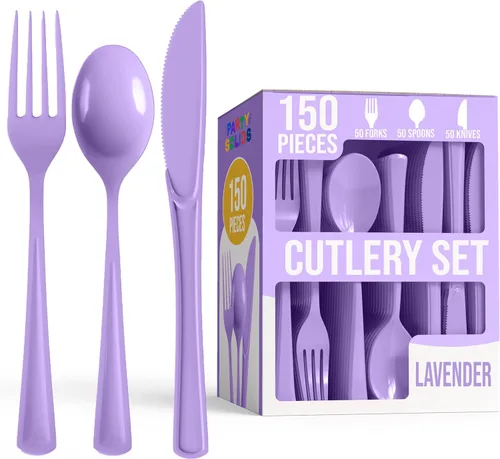 Miniatura 13 de Party Solids Cerise - Cubiertos de plástico resistentes, 150 piezas de cubiertos desechables de Cerise, juego de utensilios, 50 de cada tenedor