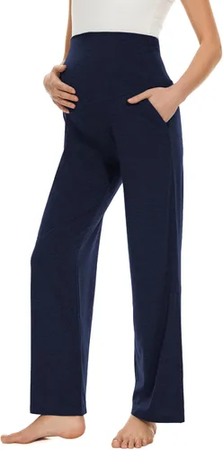 Miniatura 21 de Ecavus Pantalones de maternidad anchos y rectos para mujer, versátiles, cómodos, palazzo, elásticos, con bolsillos