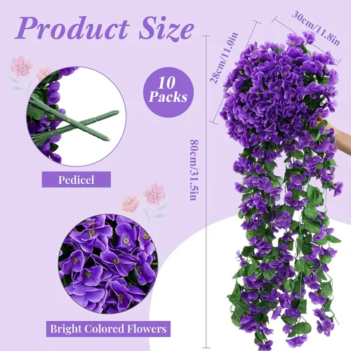 Miniatura 2 de Paquete de 10 guirnaldas de flores artificiales colgantes para boda, ceremonia, pared, hogar, fiesta, jardín, decoración al aire libre (morado)
