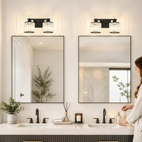 Miniatura 2 de Lxybcce Moderna lámpara de tocador de baño de cristal, 14 pulgadas, 2 luces, accesorios de luz negra sobre el espejo, fácil instalación e
