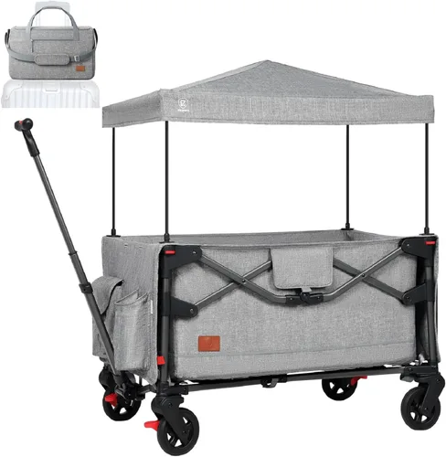 EVER ADVANCED Vagón Cochecito de Viaje Plegable en Bolsa para 2 Niños y Carga, Vagón Plegable para Niños Pequeños con Toldo Extraíble, Arnés Gris