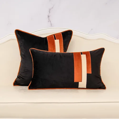 Miniatura 5 de Yangest Funda de Almohada Decorativa de Terciopelo Negro con Rayas Patchwork, Funda de Cojín Moderna de 18x18 Pulgadas para Sofá, Sillón