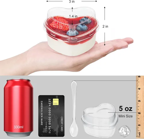 Miniatura 2 de TOFLEN Vasos de postre en forma de corazón de 5 onzas con tapas y cucharas, 300 unidades, sirve 100 unidades, mini vasos de plástico para postres