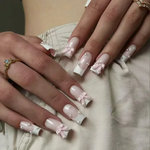 Miniatura 19 de Lindas uñas a presión de tamaño mediano - Uñas falsas cuadradas con punta francesa, uñas acrílicas rojas de cobertura completa brillantes