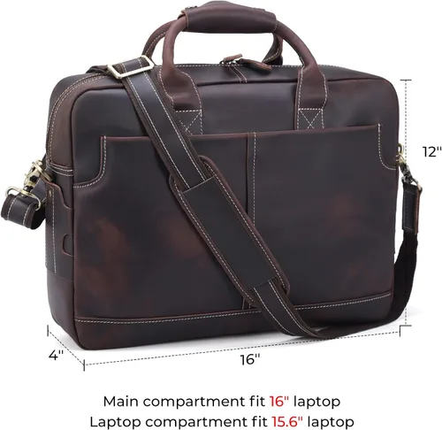 Miniatura 7 de Maletín de cuero genuino para hombre, maletín de cuero de grano completo de 16 pulgadas, bolsa de mensajero con cremalleras de metal YKK