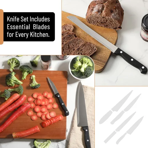 Miniatura 5 de Juego de cuchillos de cocina, 9 piezas, juego de cuchillos de acero inoxidable con bloque y afilador, cuchillos de cocina con bloque de madera