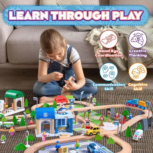 Miniatura 6 de 172 piezas de juego de tren de madera para niños pequeños, vía de tren de madera: expandible y intercambiable, juguetes de tren educativos seguros
