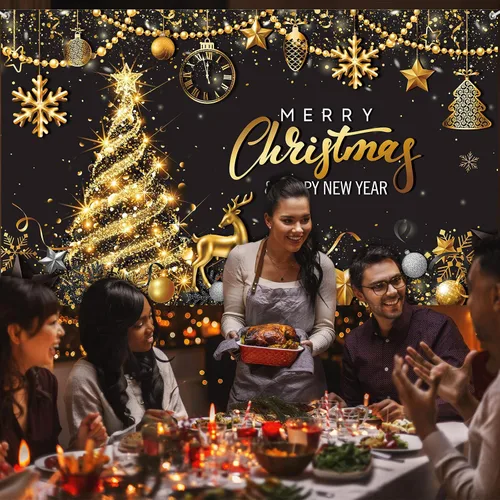 Miniatura 6 de Tiamon Telón de Fondo Banner de Fiesta Feliz Navidad para Decoración de Fiesta de Navidad y Año Nuevo (Azul Dorado, 72.8 x 43.3 Pulgadas)