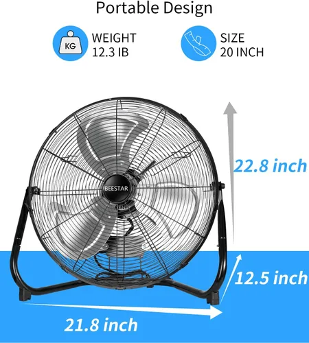 Miniatura 6 de BEESTAR Ventilador de piso de 18 pulgadas, ventilador de alta velocidad con 3 velocidades y cabezal inclinable ajustable, ventilador industrial