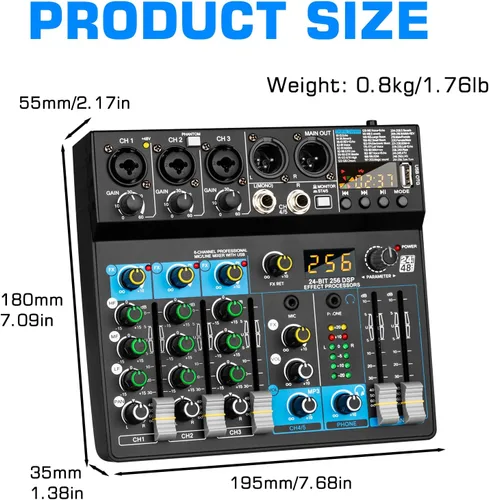 Miniatura 9 de Depusheng Mezclador de audio profesional Digital FX 256-Bit DSP USB Bluetooth MP3 Ordenador DJ Mezclador 5 Canales Interfaz de entrada con 48V