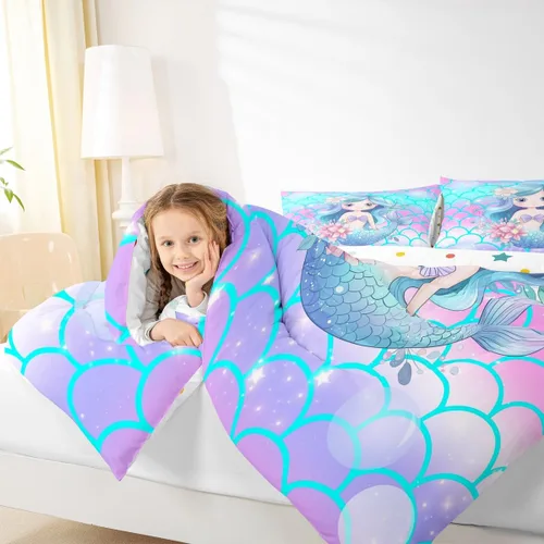 Miniatura 6 de Erosebridal Juego de edredón de sirena para niños, tamaño matrimonial, para niñas, ropa de cama de sirena brillante azul y rosa, juego de ropa