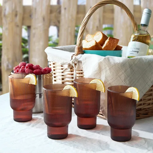Miniatura 4 de Juego de 4 vasos altos de acrílico inastillables, estilo europeo, aptos para lavavajillas, acanalados, juego de 4, tritán estriado, plástico Naranja