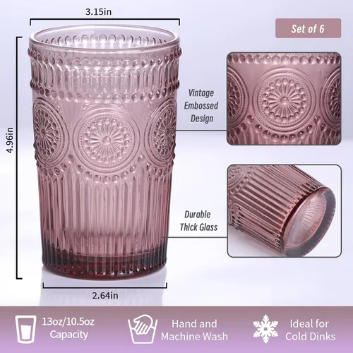 Miniatura 2 de Darlion Juego de vasos de vidrio vintage de 4 vasos de 13 oz de alta copa púrpura, vasos de agua con relieve, vasos de vidrio para jugo, cerveza