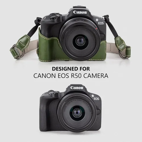 Miniatura 3 de MUZIRI KINOKOO Funda Protectora para Cámara Canon EOS R50/R100 y Lente 18-45mm, de Cuero PU EOSR50 R100 Incluyendo Media Funda, Tapa Abatible, Verde