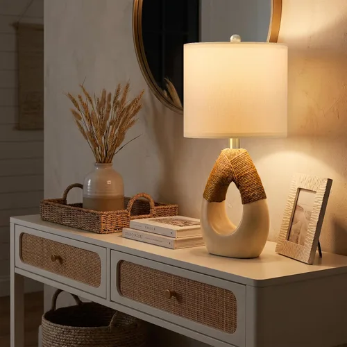 Miniatura 2 de OYEARS Lámparas de mesa bohemias de 19" para dormitorio, sala de estar, adecuadas para espacios pequeños, lámpara de ratán de granja, diseño de Beige