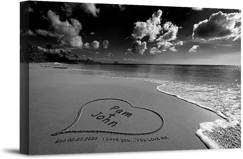 Miniatura 14 de Corazón y corazón en hermoso amanecer fotos personalizadas únicas o impresiones en lienzo con nombres de pareja y fecha especial en la playa, regalo